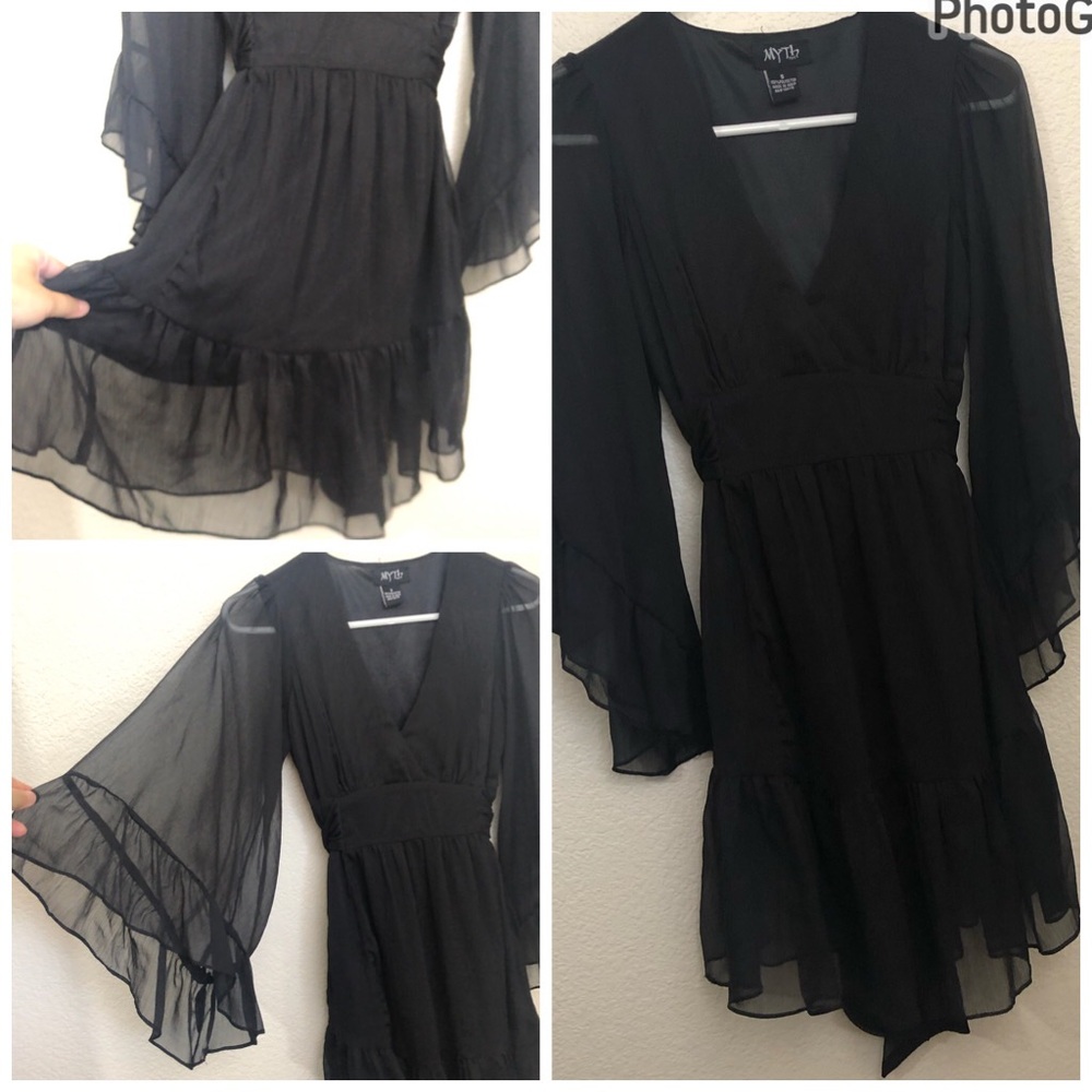 MYTH Womens Small Black Dress Bell Sleeve Ruffle Layered Waist Tie Lined NWOT
